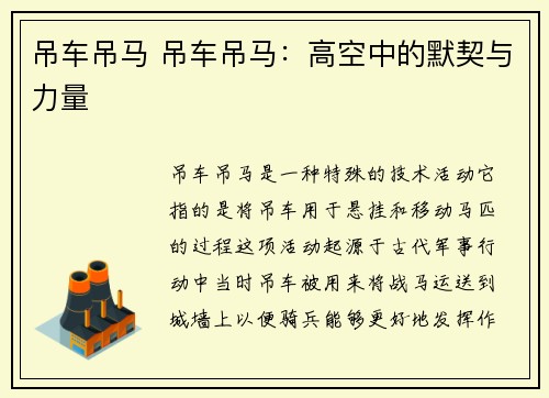 吊车吊马 吊车吊马：高空中的默契与力量
