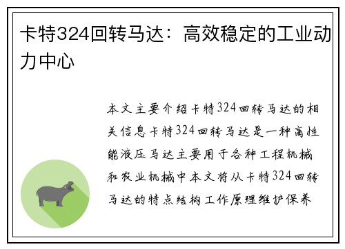 卡特324回转马达：高效稳定的工业动力中心